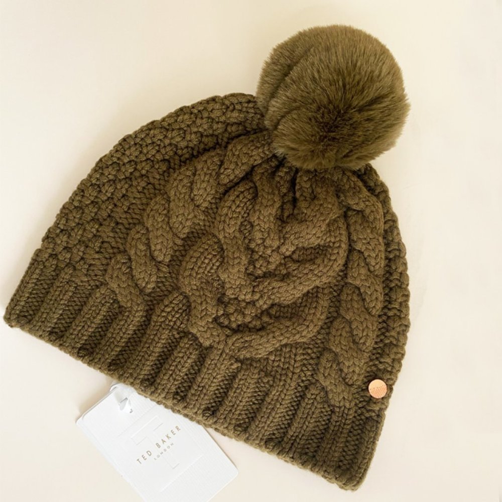 NWT Ted Baker YNUTA Women Cable Knit Pom Green Hat
